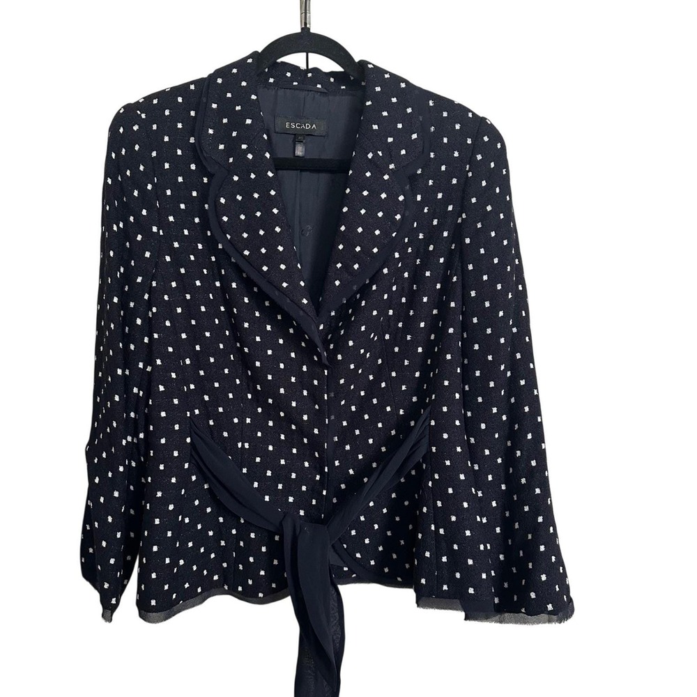 Vintage Escada Silk-Blend Polka Dot Blazer – Navy/White‎ with Chiffon Waist Tie